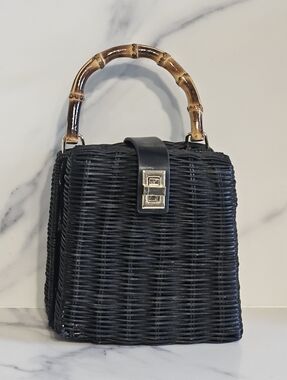 NEW - Black Woven Top-Handle Bag with Bamboo Handle